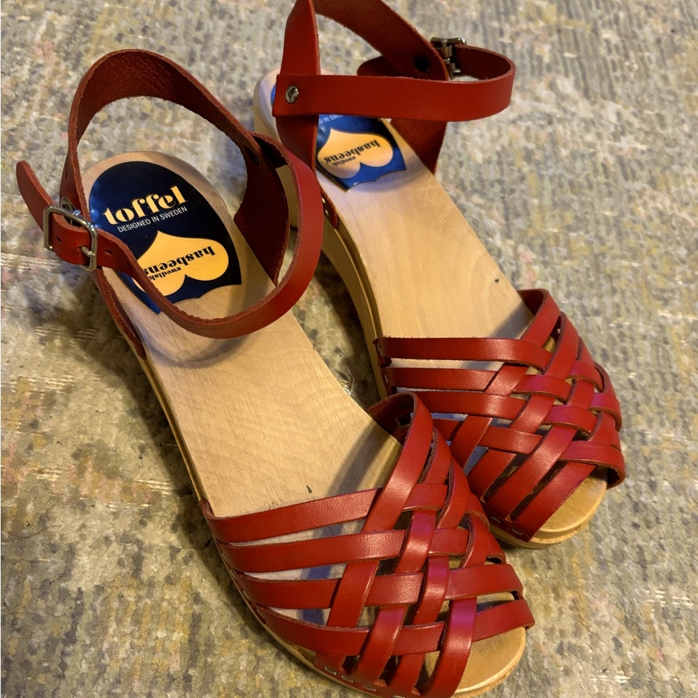 Swedish Hasbeens Red Leather Woven Ankle-Strap Clogs